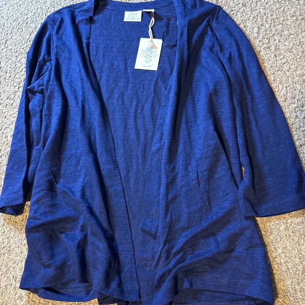 Sigrid Olsen 100% Linen Open Front Cardigan Blue Size S NWT